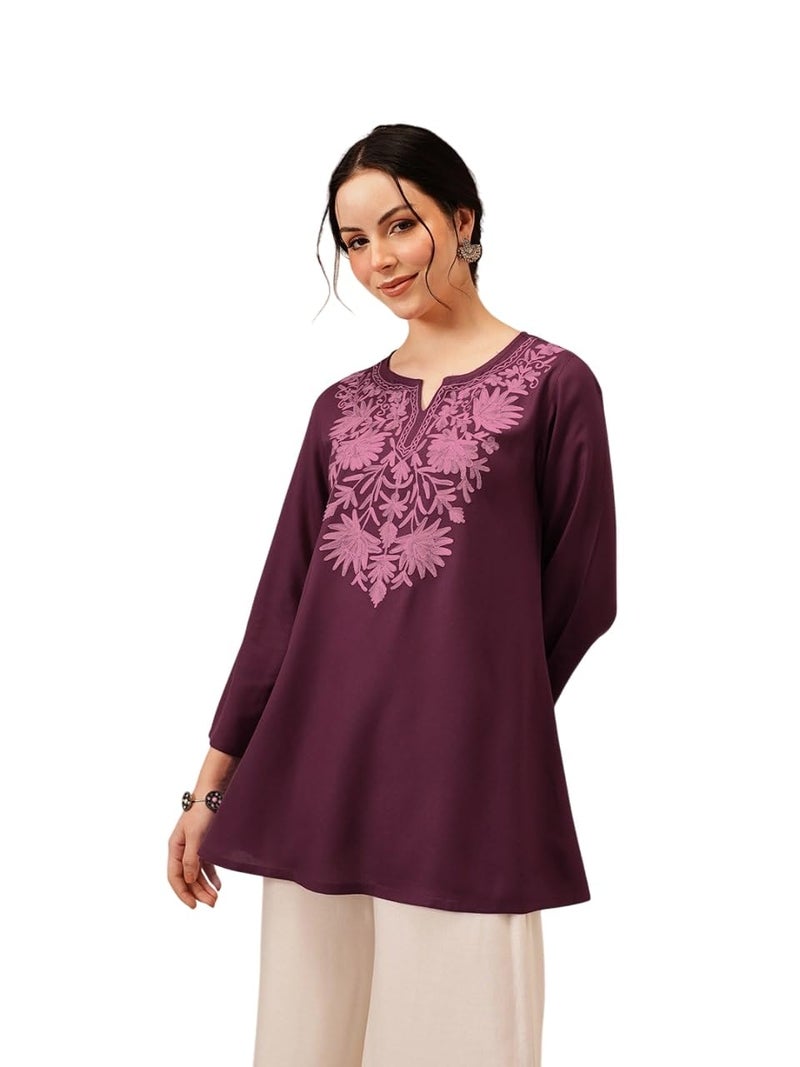 QAZMI Women's Fiza Kashmiri A-Line Wine Short Kurti_2XL - Image 1