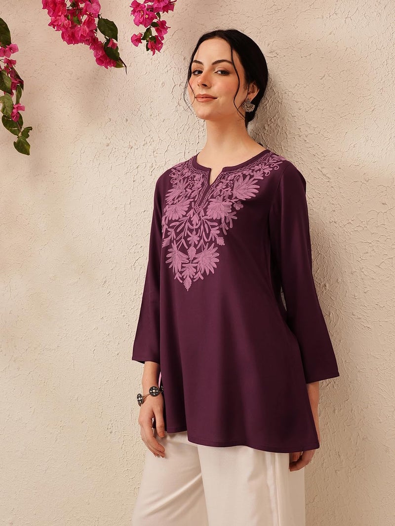 QAZMI Women's Fiza Kashmiri A-Line Wine Short Kurti_2XL - Image 2