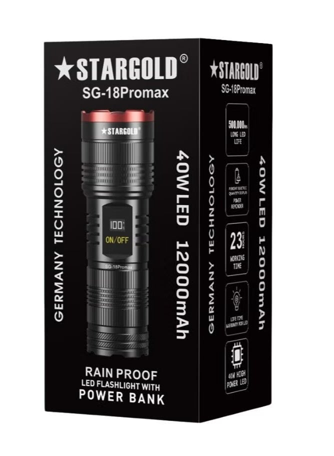 STARGOLD SG-18 Promax LED Flashlight | 40W | 12000mAh | Power Bank | Rainproof - Image 1