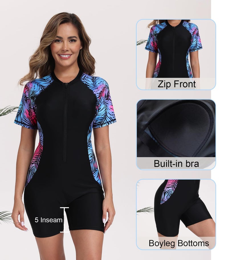 Halcurt Women's Boyleg One Piece Rash Guard with Built in Bra Zip Front UPF50+ Short Sleeve Full Body Surfing Swimsuit Palm L - Image 5