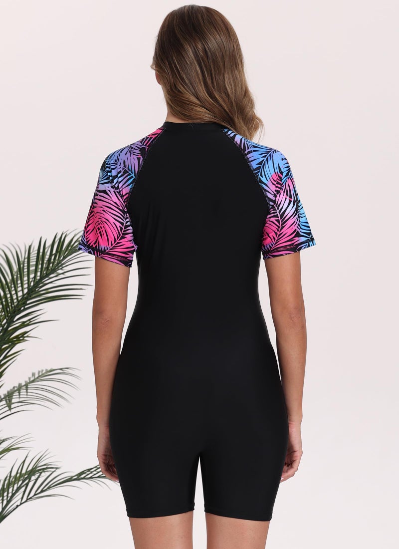 Halcurt Women's Boyleg One Piece Rash Guard with Built in Bra Zip Front UPF50+ Short Sleeve Full Body Surfing Swimsuit Palm L - Image 2
