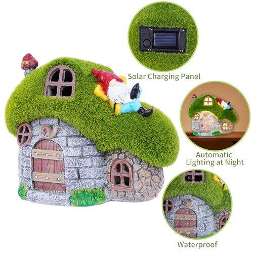 ILLUMINEW House Garden Statues with Solar Lights LED Cute Flocked Fairy House with Gnomes Garden Figurine Outdoor Patio Yard Lawn Decorations Gift - Image 3