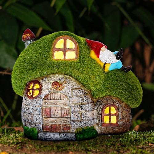 ILLUMINEW House Garden Statues with Solar Lights LED Cute Flocked Fairy House with Gnomes Garden Figurine Outdoor Patio Yard Lawn Decorations Gift - Image 1