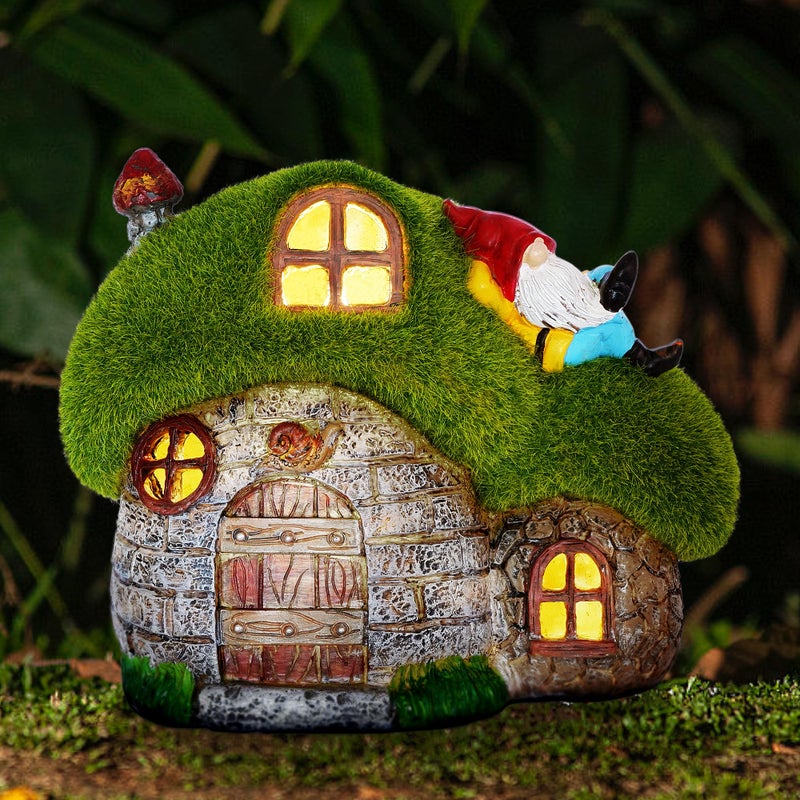 ILLUMINEW House Garden Statues with Solar Lights LED Cute Flocked Fairy House with Gnomes Garden Figurine Outdoor Patio Yard Lawn Decorations Gift - Image 2