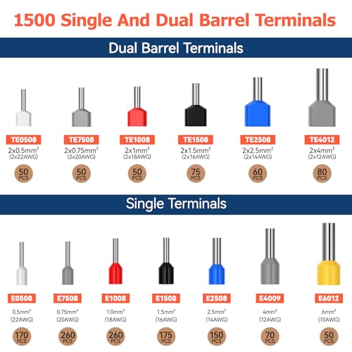 Preciva Ferrule Crimping Tool Kit, Preciva Upgrade Double & Single Ferrules Connectors of 1500PCS, Hexagonal Sawtooth Self-Adjustable Ratchet AWG23-10 (0.25-6mm²) Wire Terminals Crimper Kit - Image 4