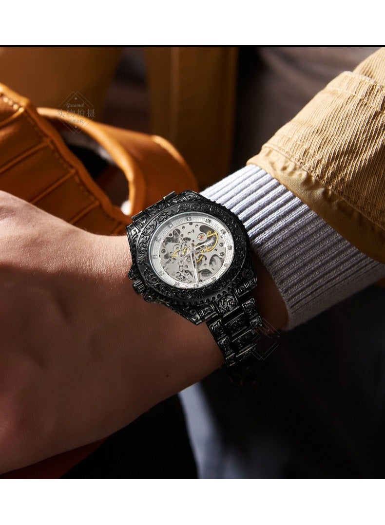 Gucamel European And American Style Men's Fashion Hollow Retro Carving Quartz Automatic Mechanical Watch - Image 2