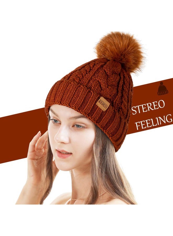 REDESS Women Winter Pompom Beanie Hat with Warm Fleece Lined, Thick Slouchy Snow Knit Skull Ski Cap - Image 2