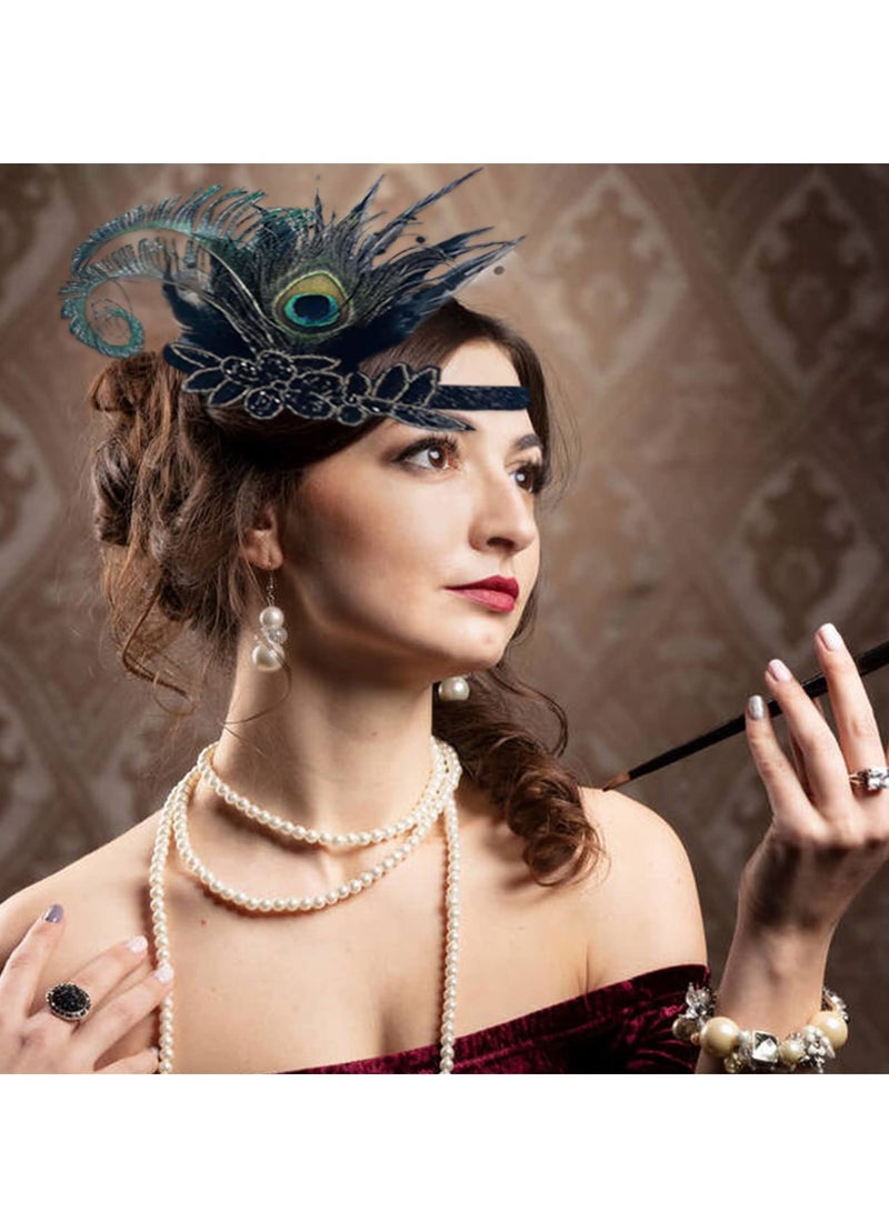 كابتن تيك 1920s Flapper Costume Accessories Set for Women - Gatsby Headband, Pearl Necklace, Lace Gloves, and Fan Holder in Black and Green. Perfect for Roaring Twenties Parties! - Image 2