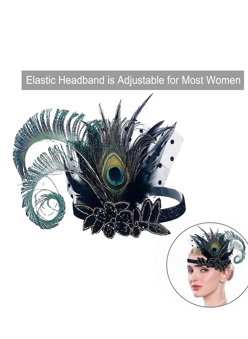 كابتن تيك 1920s Flapper Costume Accessories Set for Women - Gatsby Headband, Pearl Necklace, Lace Gloves, and Fan Holder in Black and Green. Perfect for Roaring Twenties Parties! - Image 5