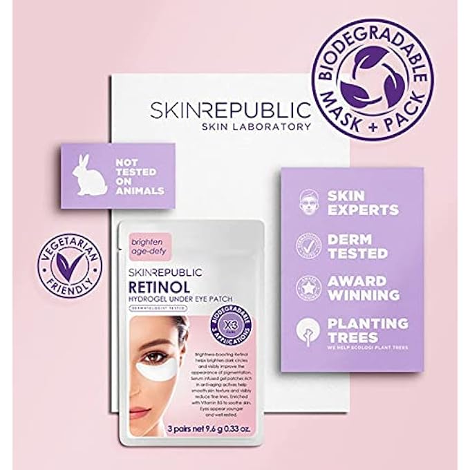 SKIN REPUBLIC Retinol Hydrogel Under Eye Patches (3 Pairs) Under Eye Masks with Niacinamide & Vitamin B5, Reduces Wrinkles, Crows Feet, Puffiness & Dark Circles, Hydrates, Brightens & Soothes Skin - Image 3