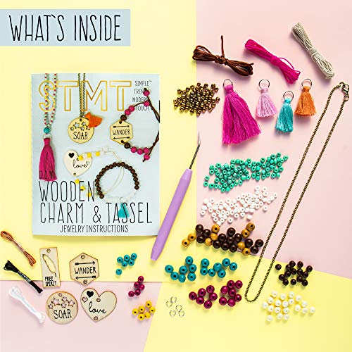 STMT DIY Wooden charm & Tassel Jewelry Art & Craft Kit by Horizon Group USA, Design & Create 10Piece of Vsco Girl Jewelry, Includes Wood Charms, Colorful Tassels, Beads, Chains & More, Multicolored - Image 2