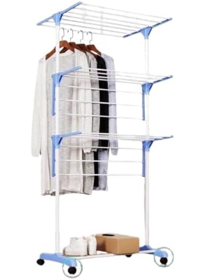3-Tier Clothes Drying Rack – Heavy-Duty Material with Strong Foldable Shelves, Wheels for Easy Movement & Practical Side Hangers - Image 4