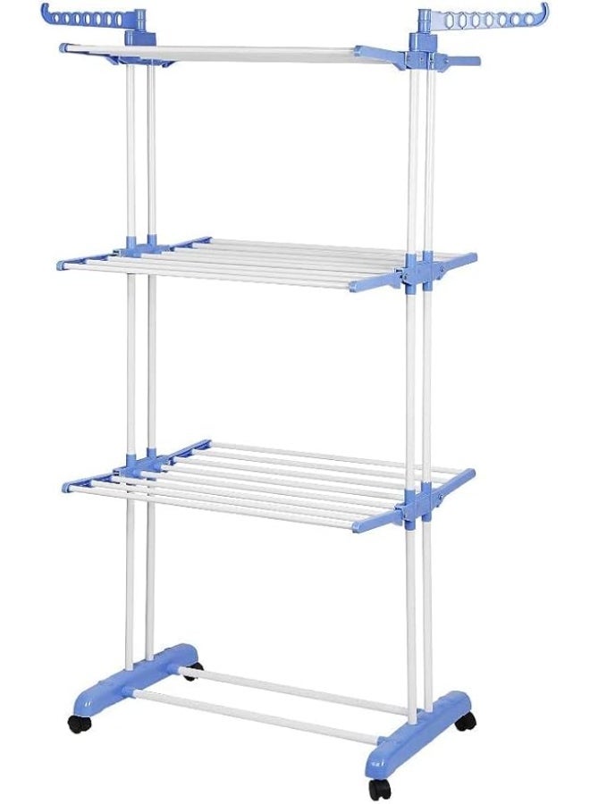 3-Tier Clothes Drying Rack – Heavy-Duty Material with Strong Foldable Shelves, Wheels for Easy Movement & Practical Side Hangers - Image 3