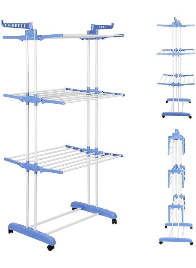 3-Tier Clothes Drying Rack – Heavy-Duty Material with Strong Foldable Shelves, Wheels for Easy Movement & Practical Side Hangers - Image 2