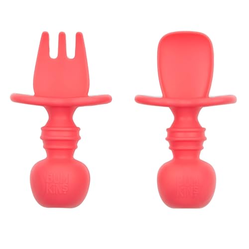 Bumkins Baby Utensils Set, Chewtensils Silicone Spoons for Dipping, Self-Feeding, Baby Led Weaning, Trainer Learning, First Stage Eating, Soft Practice Fork and Spoon, Babies 6 Months, Red - Image 1