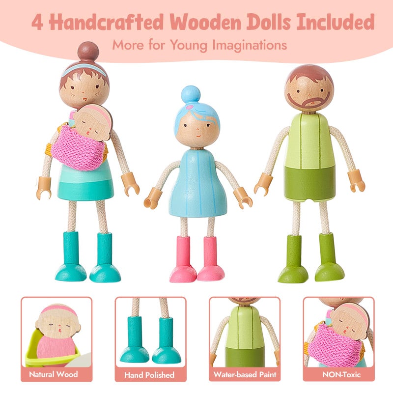 Giant bean 36pcs Wooden Dollhouse Furniture Set with Dolls for 5 Rooms, Wood & Plastic Pink Dollhouse Accessories Pretend Play Furniture Toy Christmas Birthday Gift Toy for Kids Boys Girls Toddler 3+ - Image 4