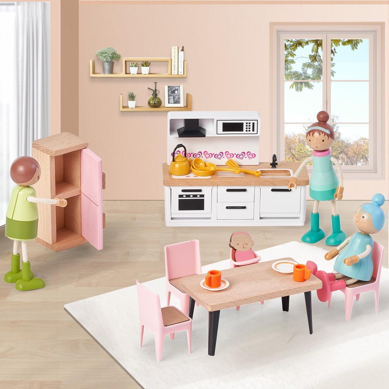 Giant bean 36pcs Wooden Dollhouse Furniture Set with Dolls for 5 Rooms, Wood & Plastic Pink Dollhouse Accessories Pretend Play Furniture Toy Christmas Birthday Gift Toy for Kids Boys Girls Toddler 3+ - Image 3