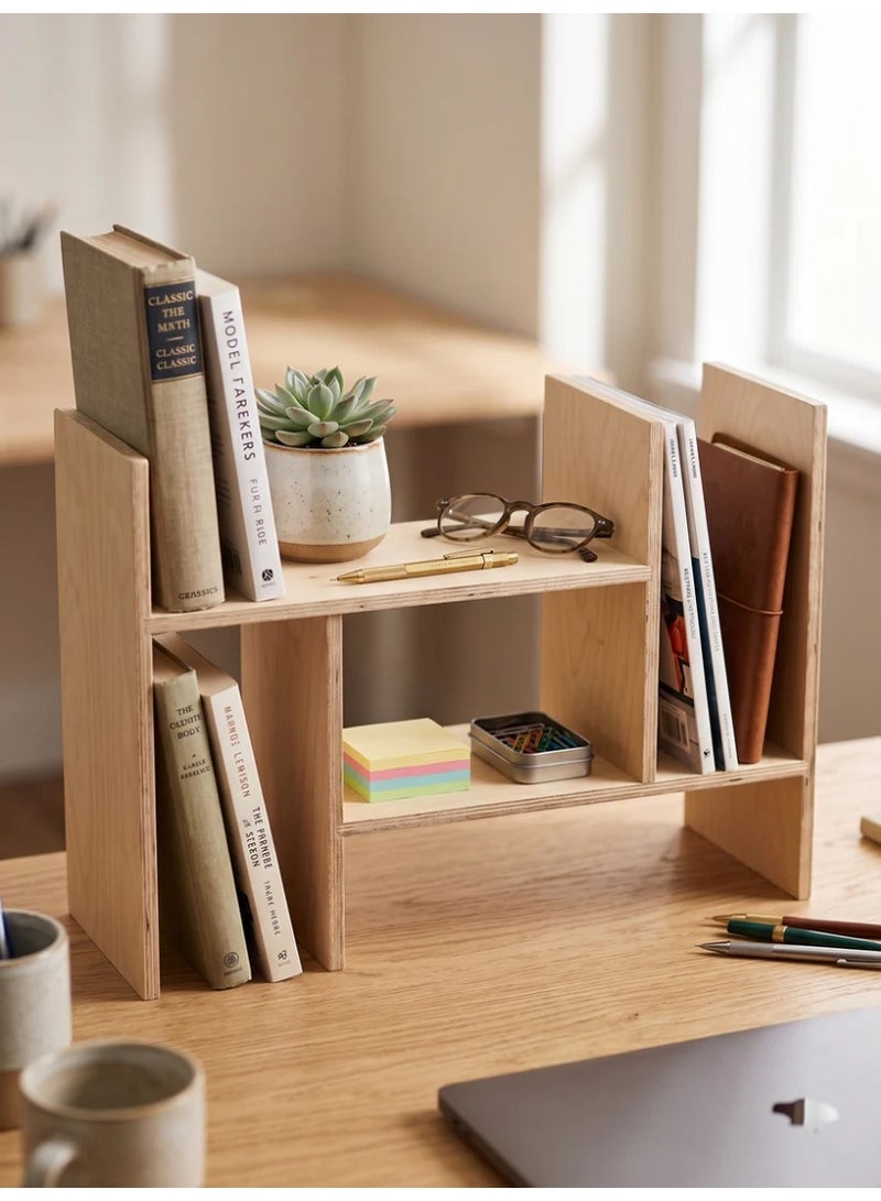 HomePro Shift 36 cm Modular Wood Desktop Organizer / Asymmetric H-Frame Natural Plywood Bookshelf and Stationery Station for Office and Home - Image 2