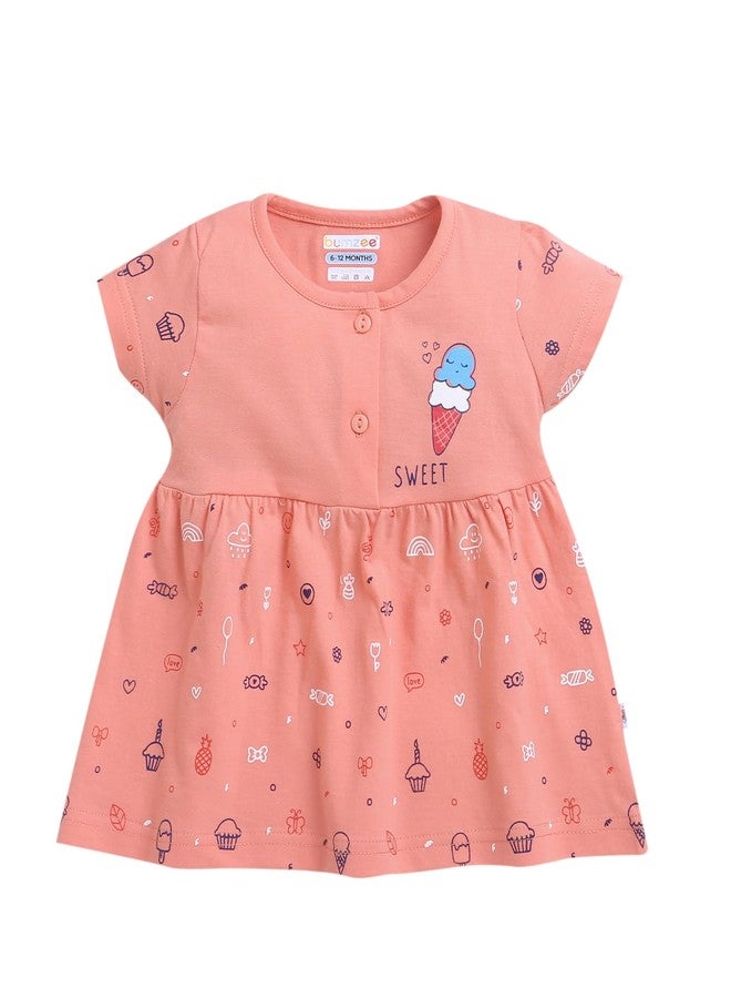 BUMZEE Coral Girls Half Sleeves Cotton Frock Age - 6-12 Months (Peb9096C-crl) - Image 1