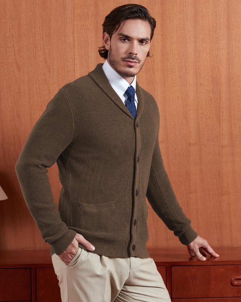 Kallspin Men's Wool Blend Shawl Collar Cardigan Sweater Button Down Knitwear with Pockets(Dark Brown, Medium) - Image 5