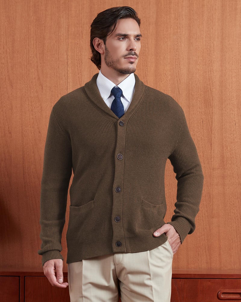 Kallspin Men's Wool Blend Shawl Collar Cardigan Sweater Button Down Knitwear with Pockets(Dark Brown, Medium) - Image 2