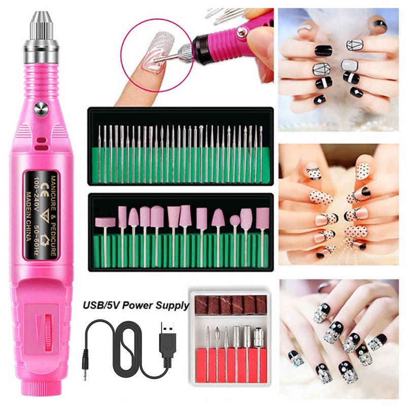 Electric nail grinder nail polisher pen type MANICURE FALSE NAIL polishing drill polishing set USB power supply set (non charged) pink