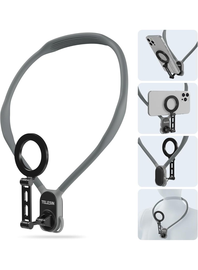 TELESIN° Max Magnetic Neck Mount for Phones, POV/Vlog Neck Phone Holder w Fixing Chest Strap Selfie Mount Hand Free Phone Neck Holder Stand Video Recording for iPhone Android Phones (Gray) - Image 1