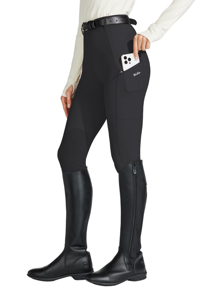 Willit Women's Horse Riding Pants Knee-Patch Equestrian Breeches Horseback Schooling Tights Zipper Pockets Black M - Image 1