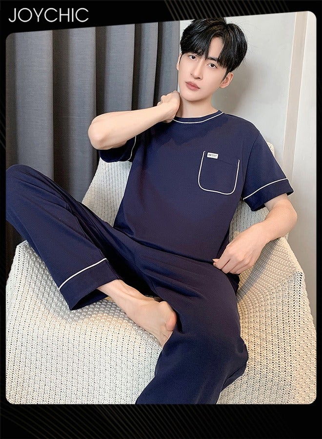 Joychic 3 Piece Solid Color Men Pajamas Short-sleeved +Shorts+ Trouser Set Casual Modal Breathable Wear-resistant Sleepwear Youth Homewear Suit for Spring Summer Autumn Dark Blue - Image 2