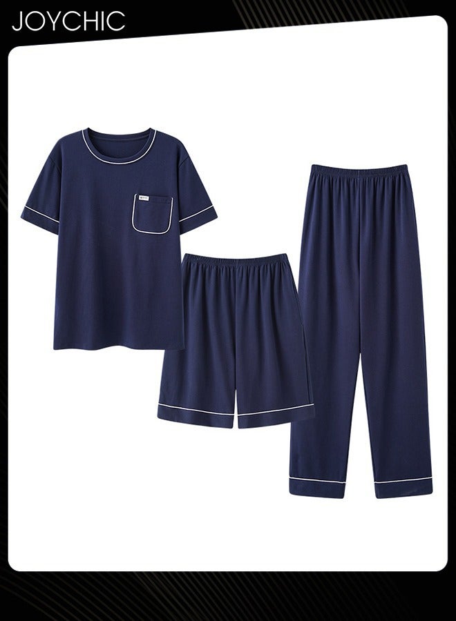 Joychic 3 Piece Solid Color Men Pajamas Short-sleeved +Shorts+ Trouser Set Casual Modal Breathable Wear-resistant Sleepwear Youth Homewear Suit for Spring Summer Autumn Dark Blue - Image 1