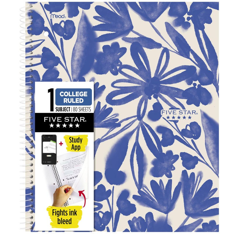 Five Star Spiral Notebook + Study App, 1 Subject, College Ruled Paper, 8-1/2" x 11", 80 Sheets, Fights Ink Bleed, Water Resistant Cover, Soft Petals Blue (820441F-ECM) - Image 1