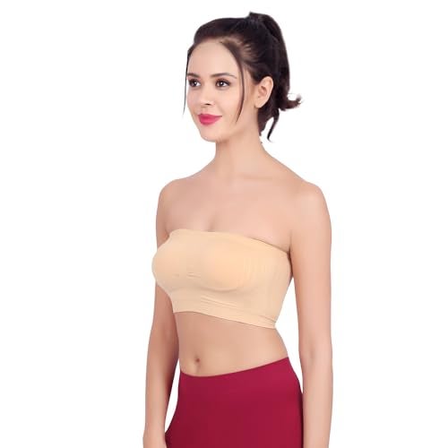 Luella Women's Spandex Strapless Seamless Solid Padded Bandeau Tube Bra | Wire Free Stretchable Full Coverage with Removable Pull On Pads Bralette Bras (Free Size) Skin - Image 4