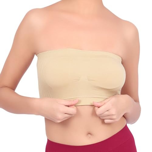 Luella Women's Spandex Strapless Seamless Solid Padded Bandeau Tube Bra | Wire Free Stretchable Full Coverage with Removable Pull On Pads Bralette Bras (Free Size) Skin - Image 3