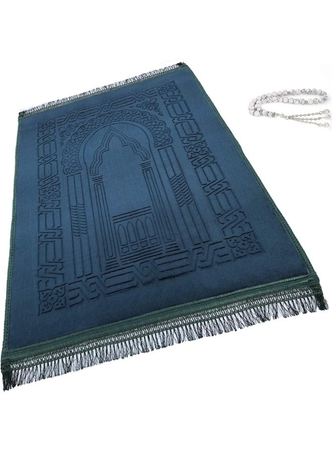  COLBOR Prayer Rug Muslim Mat Islamic - Thick Large Padded Sajadah for Kids Men Women with Islam Prayer Beads for Eid Travel Ramadan, Soft Luxury Great for Knees and Forehead(Green) - Image 1