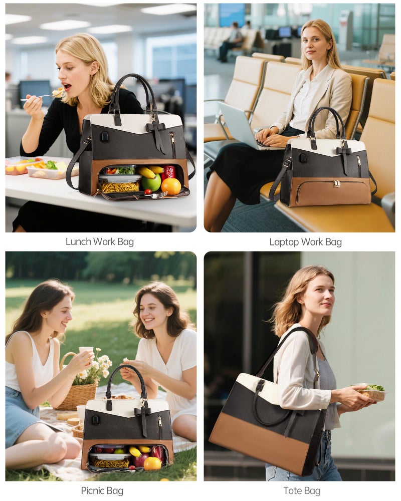 Tiostep Lunch Tote Bag for Women 2 in 1 Laptop Work Bag with Lunch Insulated Compartment and Purse Combo Waterproof PU Leather 15.6 Inch Computer Shoulder Bag for Daily, Office, Picnic. Mix Color - Image 2