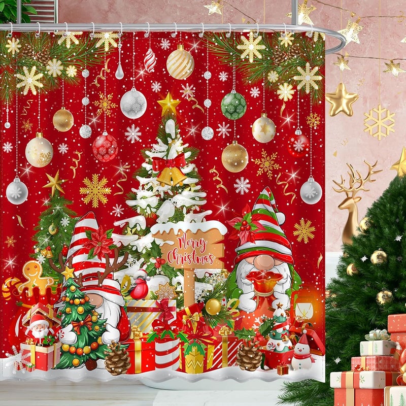 UYDOXCU Merry Christmas Gnome Shower Curtain, Winter Xmas Tree Snow Home Holiday Bathroom Decor, Polyester Cloth Fabric Bath Curtain with 12 Hooks 72" W x 72" L Red - Image 1