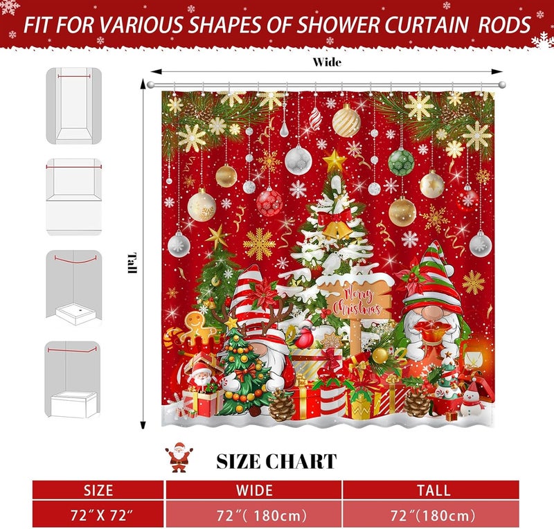 UYDOXCU Merry Christmas Gnome Shower Curtain, Winter Xmas Tree Snow Home Holiday Bathroom Decor, Polyester Cloth Fabric Bath Curtain with 12 Hooks 72" W x 72" L Red - Image 3