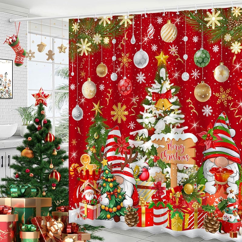 UYDOXCU Merry Christmas Gnome Shower Curtain, Winter Xmas Tree Snow Home Holiday Bathroom Decor, Polyester Cloth Fabric Bath Curtain with 12 Hooks 72" W x 72" L Red - Image 2