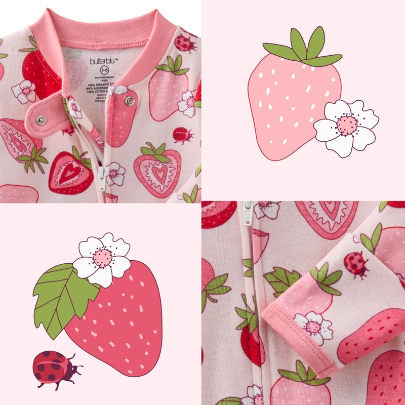 Butterblu Cruz Snug-fit Footed Pajamas 100% Organic Cotton Zip Front Sleeper PJs w/Grippers for Baby Girls, Berry Best, 24 Months - Image 5