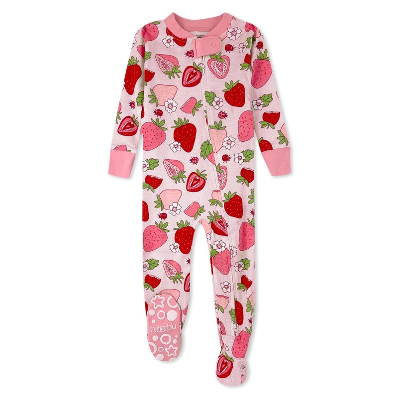 Butterblu Cruz Snug-fit Footed Pajamas 100% Organic Cotton Zip Front Sleeper PJs w/Grippers for Baby Girls, Berry Best, 24 Months - Image 1