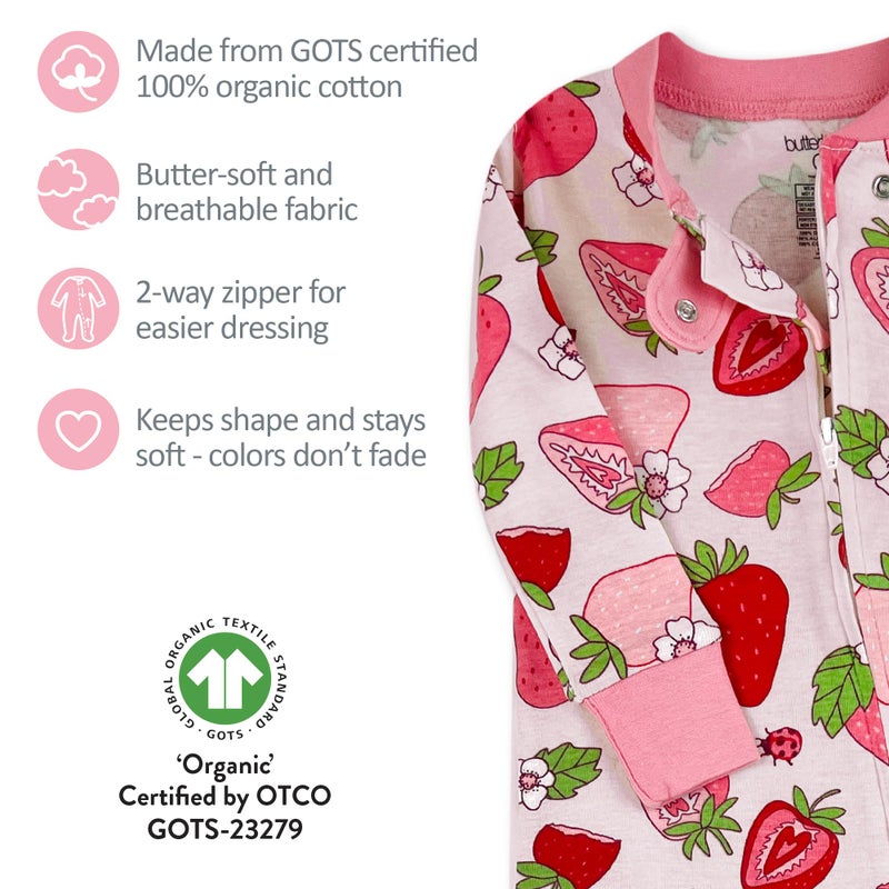 Butterblu Cruz Snug-fit Footed Pajamas 100% Organic Cotton Zip Front Sleeper PJs w/Grippers for Baby Girls, Berry Best, 24 Months - Image 4