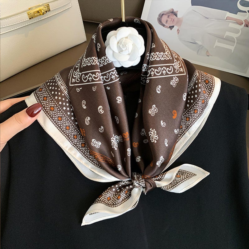 Aufeel 100% Real Mulberry Silk Women Small Square Neck Scarfs 21" Lightweight Headscarf Printed Neckerchief Gift Packed (Coffee 6) - Image 2