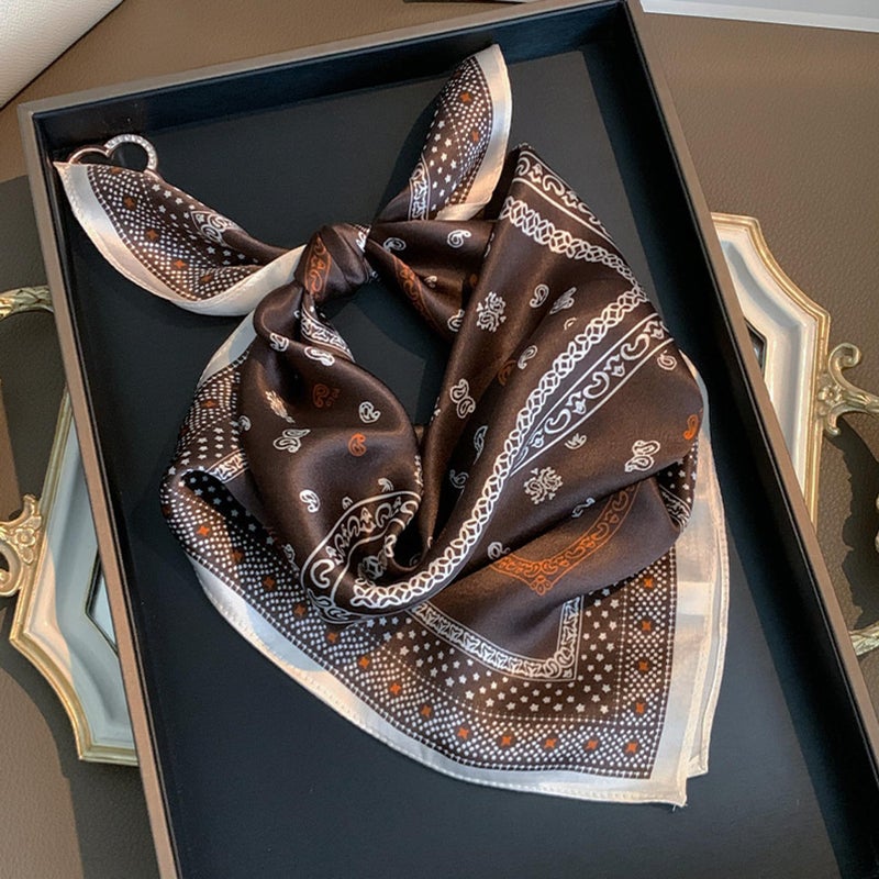 Aufeel 100% Real Mulberry Silk Women Small Square Neck Scarfs 21" Lightweight Headscarf Printed Neckerchief Gift Packed (Coffee 6) - Image 3