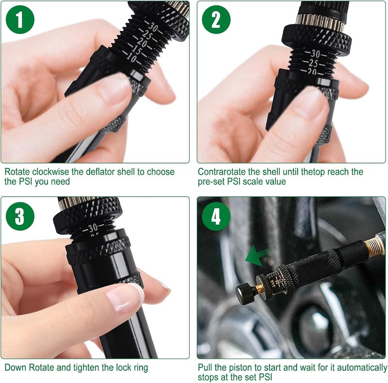 4 Pcs Automatic Tire Deflator Kit, 10-30 PSI / 0.7BAR-2.1BAR Adjustable With 4 Valve Caps, Auto-Stop Air Valve for Cars, Trucks, Motorcycles, Offroad Vehicles, ATVs - Image 5