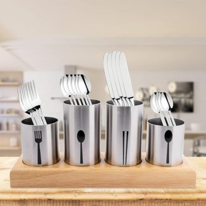 Silverware Holder, Bamboo Base Organizer Flatware Organizer Caddy Silverware Display Stand Stainless Steel Holder Cutlery Organizer Utensil Holder Caddy for Kitchen, Dining, Picnic - Image 4