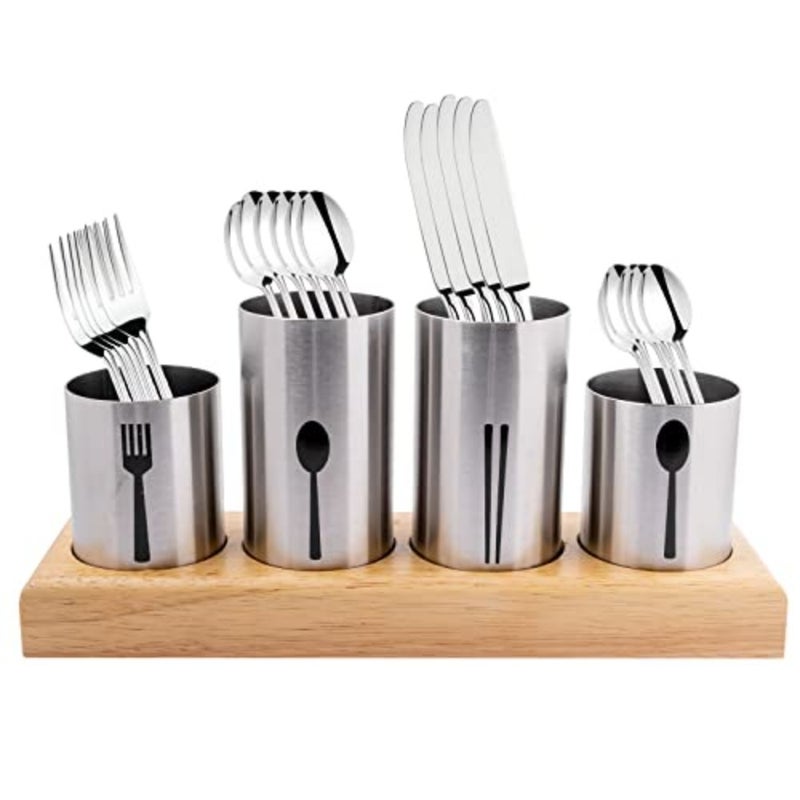 Silverware Holder, Bamboo Base Organizer Flatware Organizer Caddy Silverware Display Stand Stainless Steel Holder Cutlery Organizer Utensil Holder Caddy for Kitchen, Dining, Picnic - Image 1