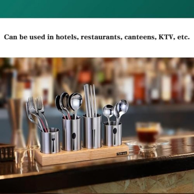 Silverware Holder, Bamboo Base Organizer Flatware Organizer Caddy Silverware Display Stand Stainless Steel Holder Cutlery Organizer Utensil Holder Caddy for Kitchen, Dining, Picnic - Image 3