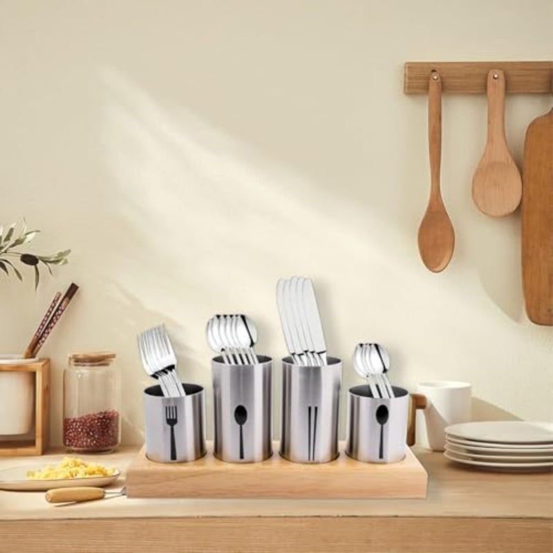 Silverware Holder, Bamboo Base Organizer Flatware Organizer Caddy Silverware Display Stand Stainless Steel Holder Cutlery Organizer Utensil Holder Caddy for Kitchen, Dining, Picnic - Image 5