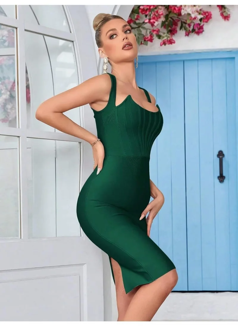 مدام يونيك Green Sleeveless Croset Bandage Dress Evening Party Elegant Bodycon Wedding Guest Dress