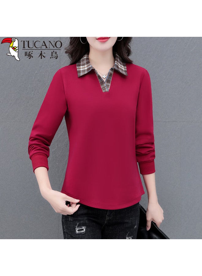 Wood Women's Long Sleeve Polo Sweatshirt Autumn New Loose Fashion Fake Two-piece Top Blue L